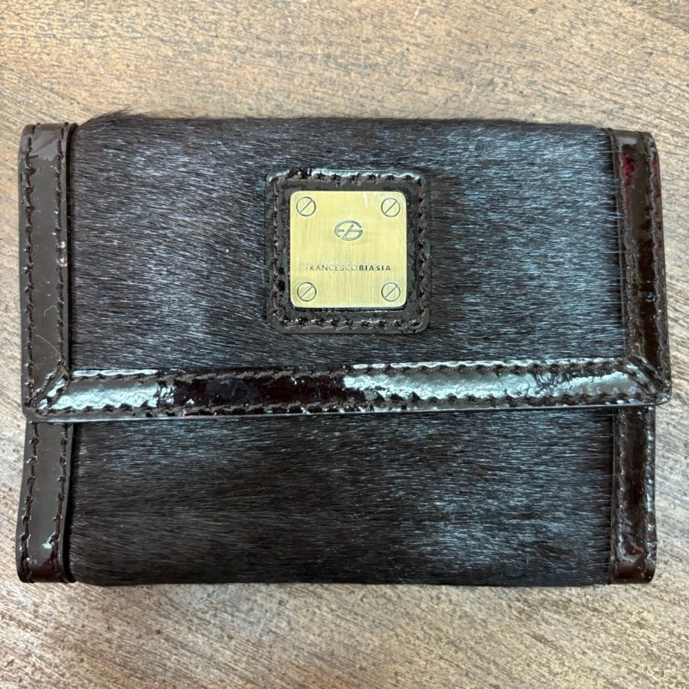 Francesco Biasia Leather Animal Hair Wallet Brown Trifold - Picture 2 of 8